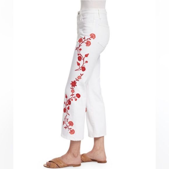 AG Adriano Goldschmied Jodi Embroidered Flare-Leg Cropped Jeans, White - Picture 2 of 5